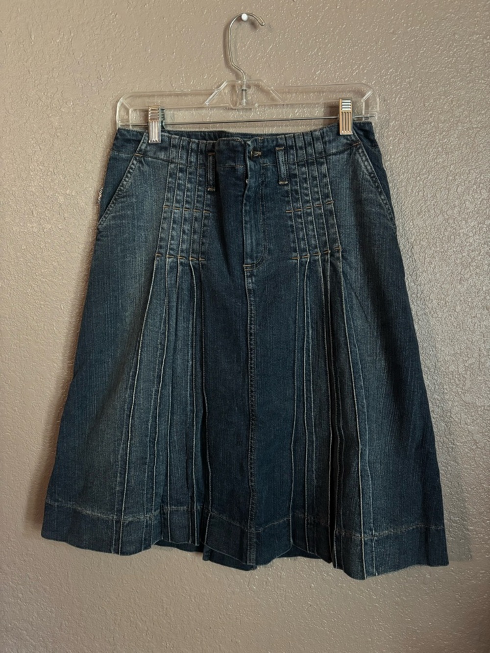 Burberry Dark Blue Denim A-Line Skirt with Pleat Panels